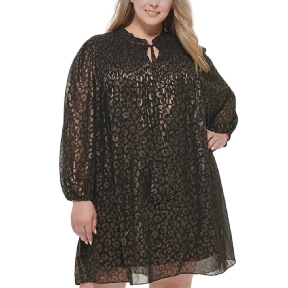 DKNY Black and Gold Animal Print Long Sleeve Shift Dress 18